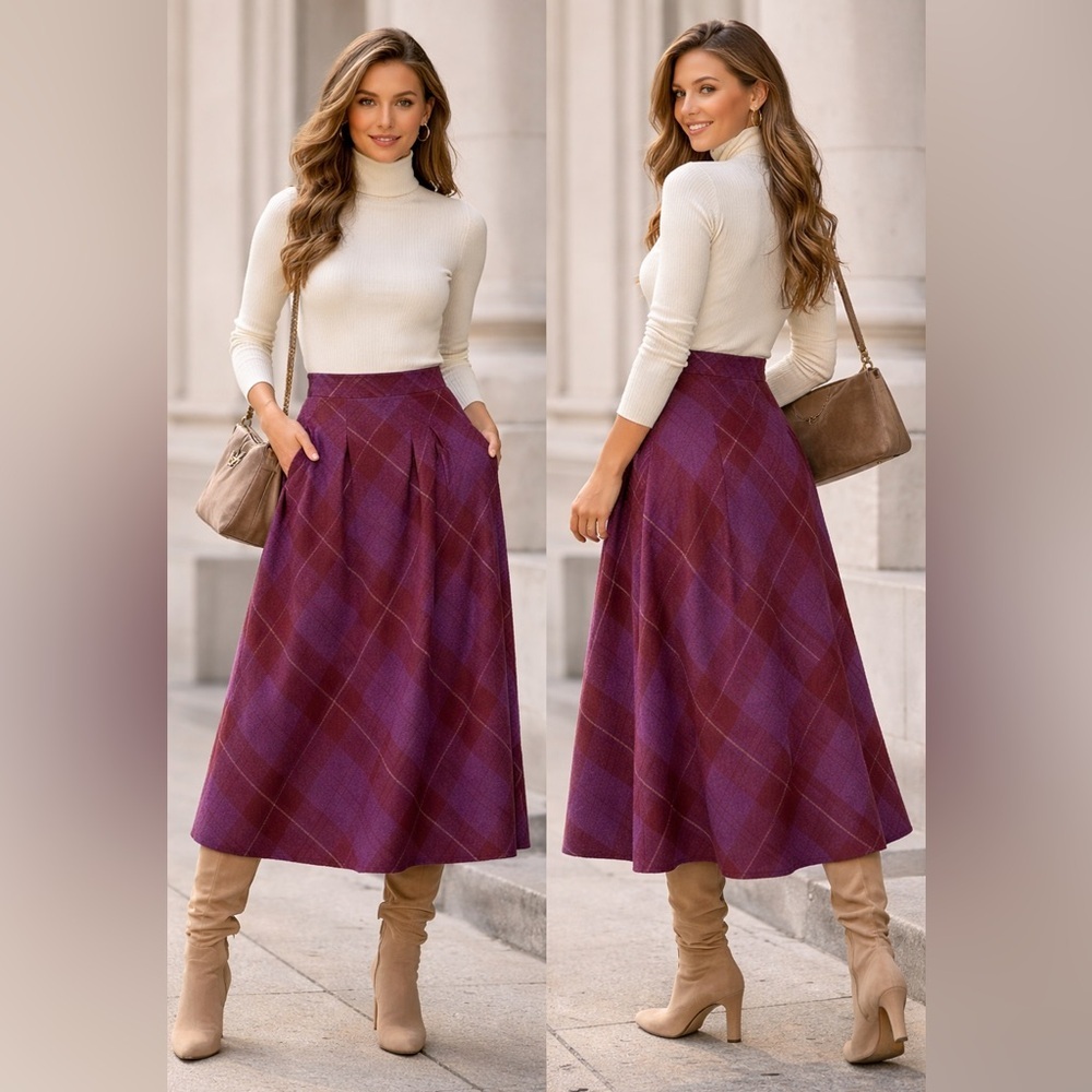 Vintage 1987 Thermo Jac Pleated Wool Plaid Midi Skirt Burgundy Purple Size 6